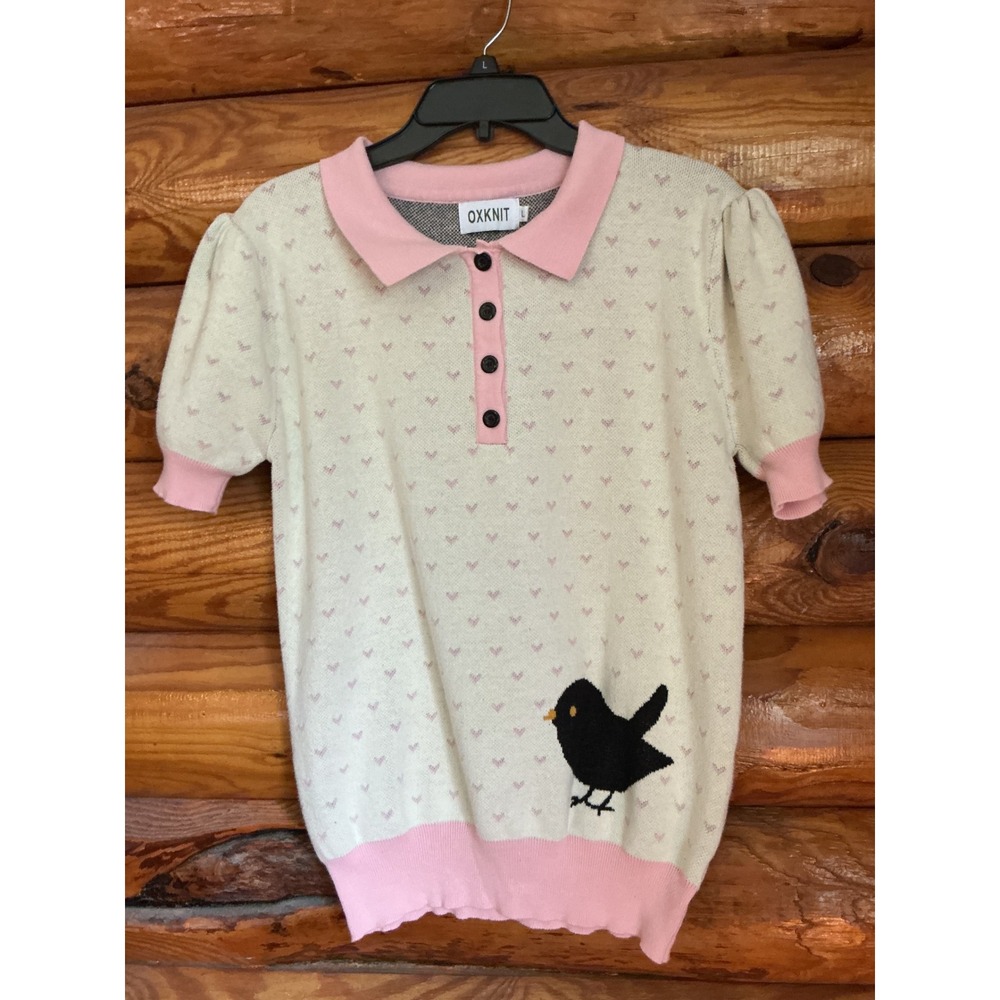 OXKNIT Women Heart Pattern Bird Graphic Polo Sweater Pink Cream Puff Sleeve L